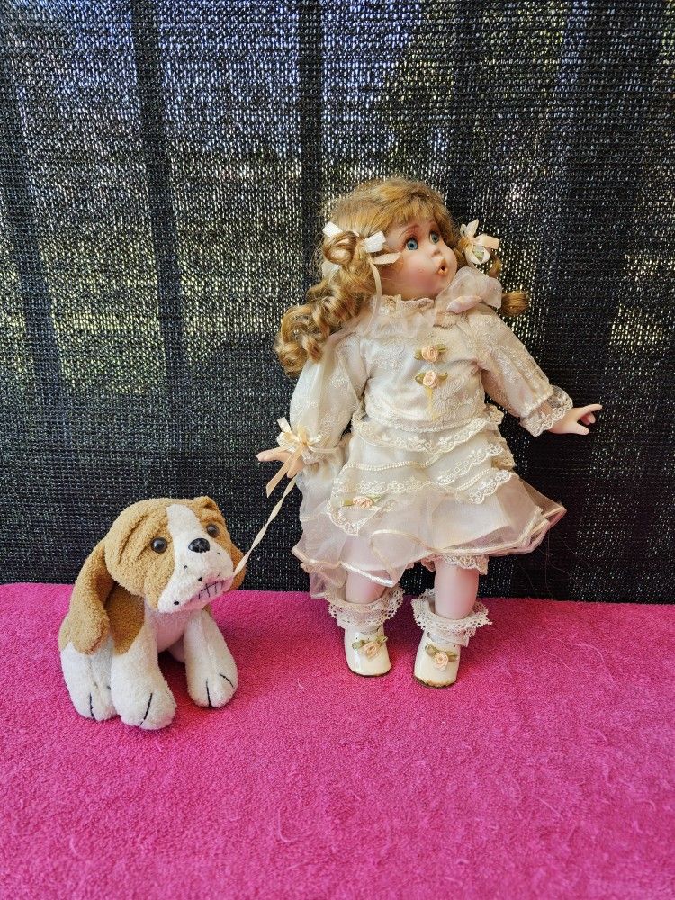 Porcelain Collectible Doll 14" Little Girl With Dog Nipping At Dress