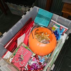 6 Big Totes Of Decorations And Art Supplies And Knick Nacks. 