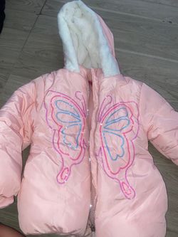 Girls Pink Puffer Jacket with Butterfly Sequins $5