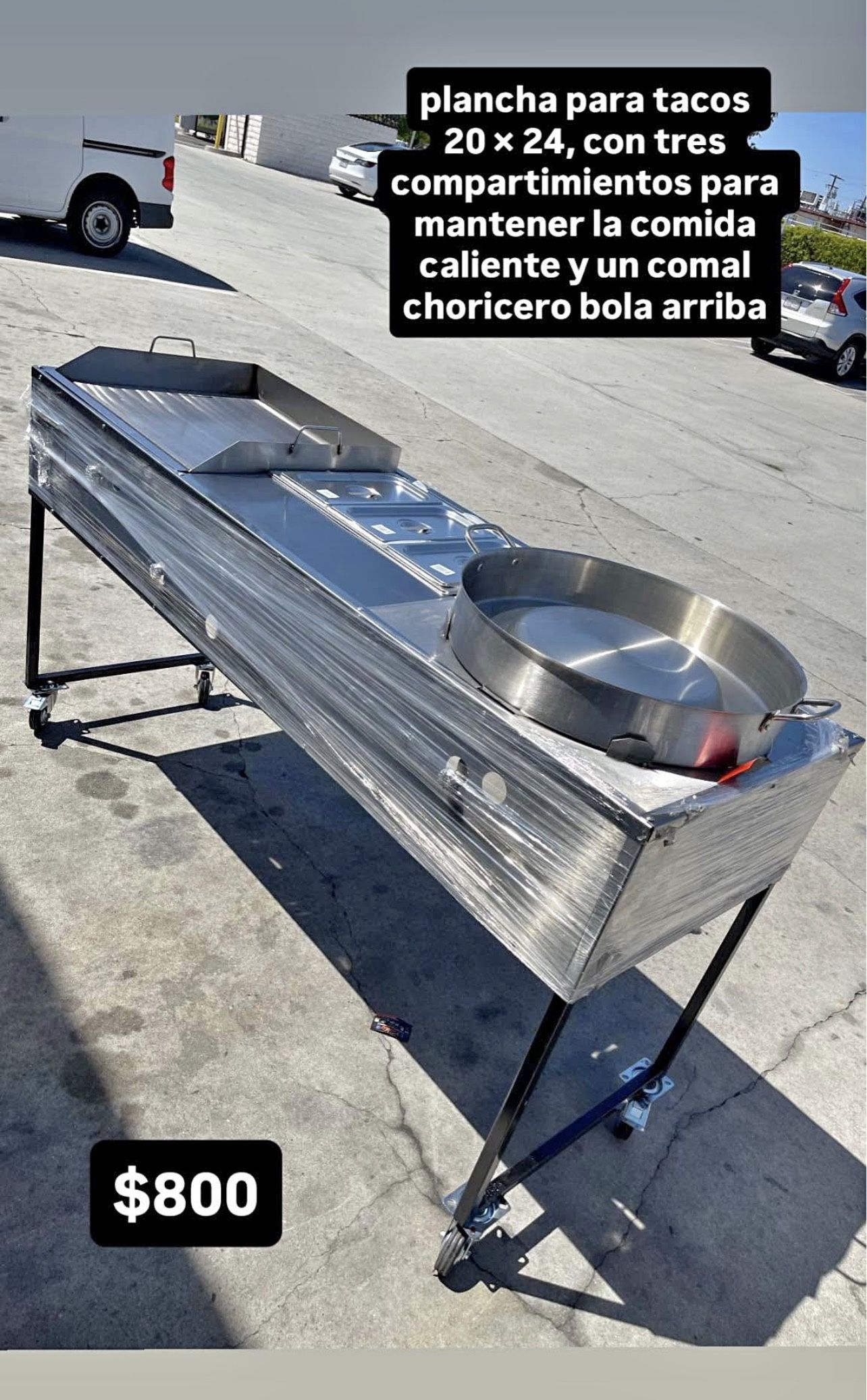 carrito para tacos con plancha 20 × 24 tres compartimientos y un comal taquero bola arriba