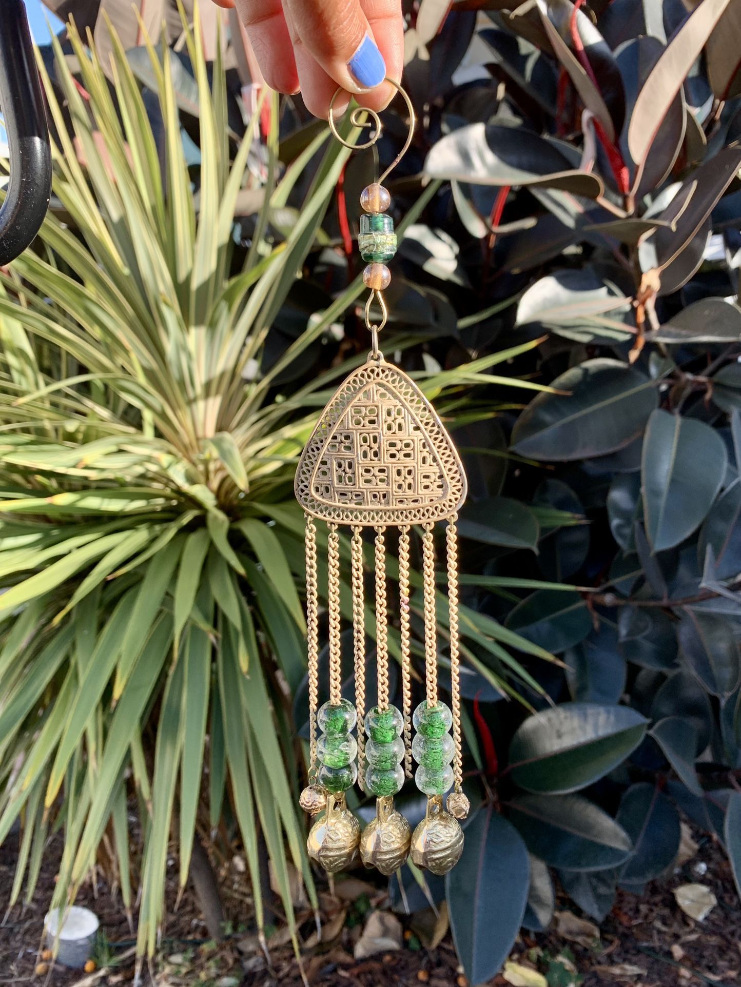 Vintage Small Rustic Celtic Knot Green Mystic Triquetra with Spiral Hook Wind Chime Sun Catcher Mobile