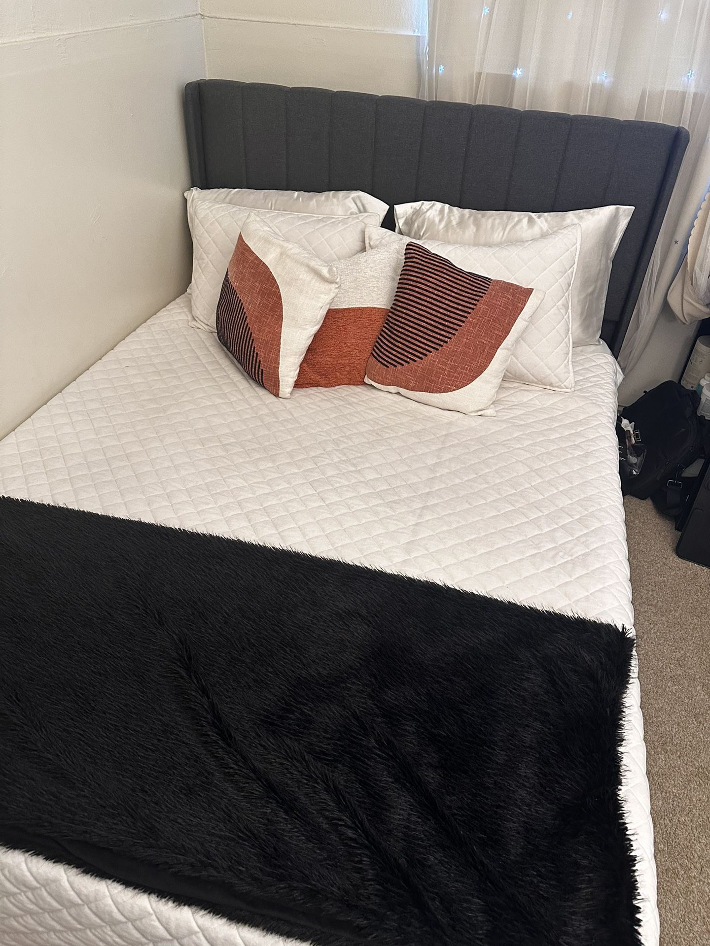 Complete Stylish Queen Bed Set - Frame, Mattress & Bedding - $430