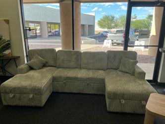 Sage Green Corduroy Sectional Sofa with Storage