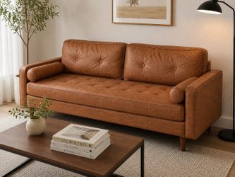 Modern Cognac Brown Faux Leather Sofa Loveseat Mid Century