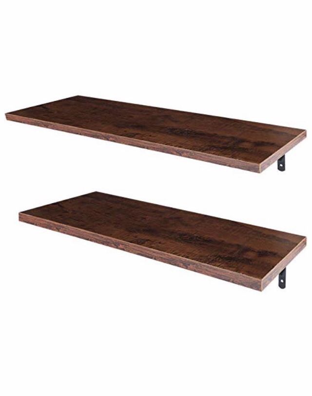 Brand new Wall Mounted Floating Shelves - Walnut Brown | Modern Display Shelf with Bracket | Set of 2 | Great for Kitchen, Bathroom, Bedroom or Office