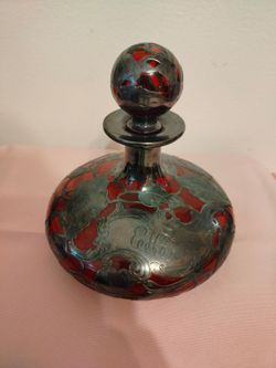 Antique Gorham Art Nouveau Ruby Red Glass Decanter/Cologne with Sterling Silver Overlay & “HCS” Monogram – $150 OBO