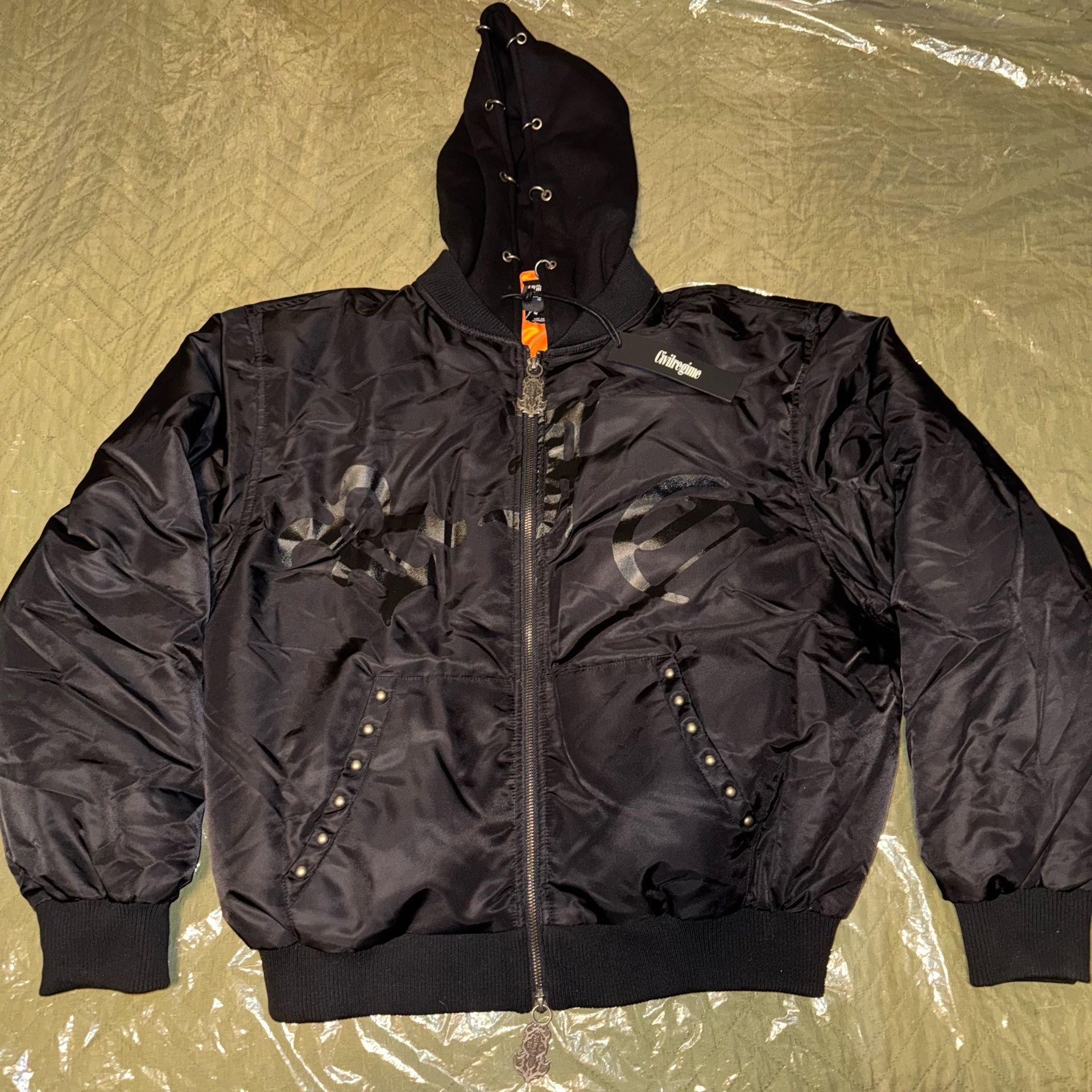 Civil Regime Studded Logo Hooded Green Bomber Jacket - Size XL