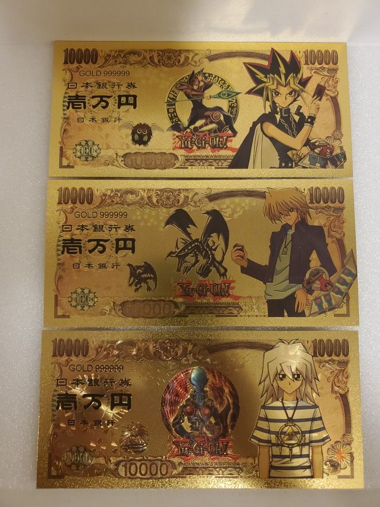 24k Gold Foil Plated Yu-Gi-Oh Banknote Set Of 3 Yugioh Anime Collectible Bills