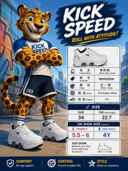Kick Speed Retractable Roller Skate Shoes White/Silver - EUR 34 (US Women's 5.5-6 / Youth 4Y) - New in Box