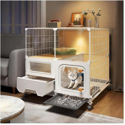 Indoor Cat Cage w/ Litter Box, Bed & Wheels – Multi‑Level Enclosure