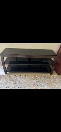 Contemporary Espresso & Black Glass TV Stand -Excellent Condition 10”H  x 55”W x 15”D