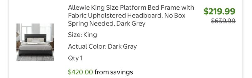 Allewie King size platform bed frame dark grey and mattress