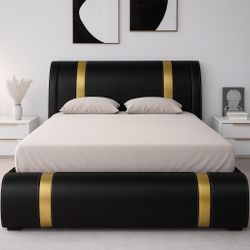 ALLEWIE - QUEEN BED - Black Synthetic Leather and Gold-Colored Metal  Stripe Decoration.