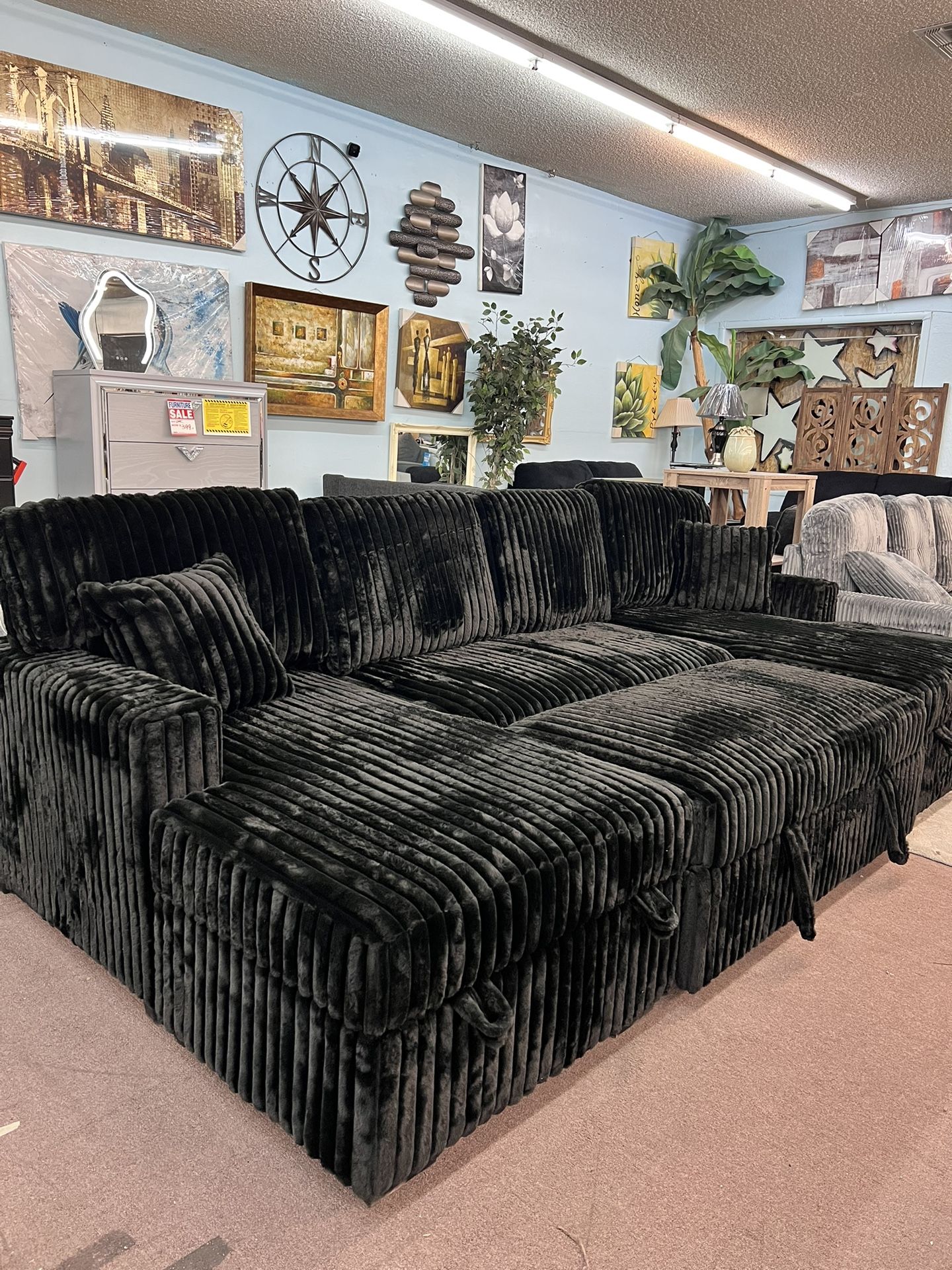🚚Flash Deal🚚Brand New Black Corduroy Sectional With Pullout Bed And Storage Chaise $1099, Finance available, Delivery Available