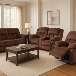 Manual Recliner Sofa Set,Microfiber Reclining Couch Set,Modern Living Room Furniture Set,Reclining Sofa Couch Chair for Living Room Home Office(Brown,