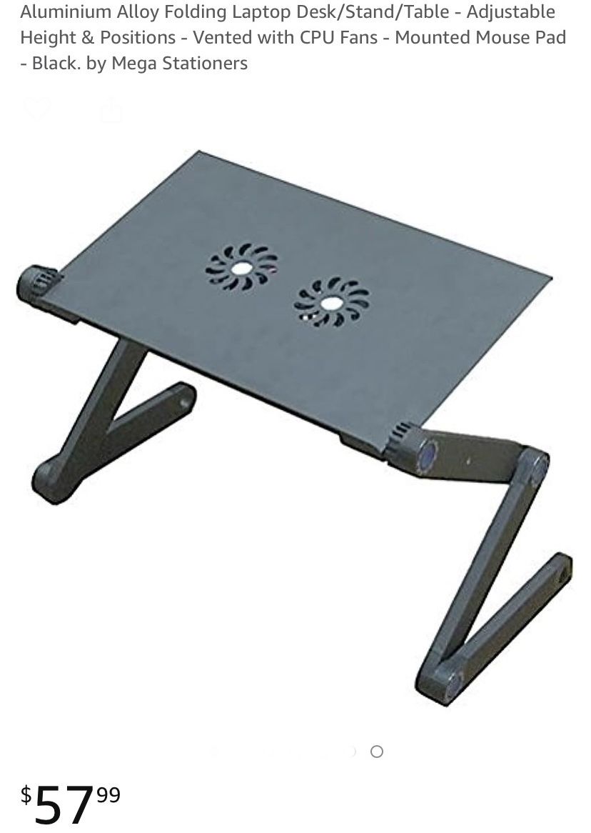 Aluminium Alloy Folding Laptop Desk/Stand/Table - Adjustable Height & Positions - Vented with CPU Fans - Mounted Mouse Pad - Black. by Mega Stationers
