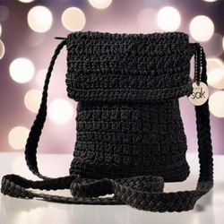 The Sak Crochet Small Crossbody Bag Black Shoulder Purse Boho Zip Clean EUC