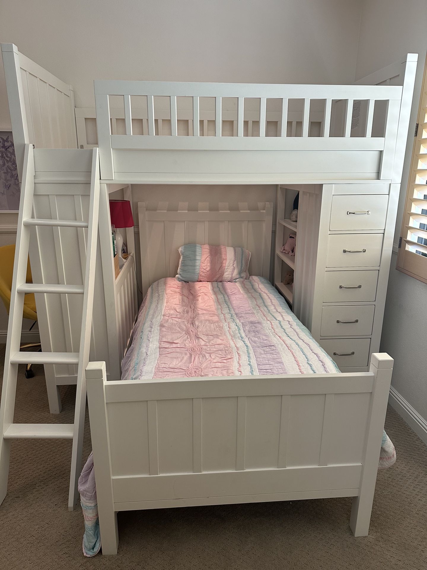Pottery Barn Kids Camp Twin Loft System & Lower Bed Set (White. Bunk Bed, Includes Desk, Shelving and Drawers)