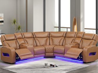Brand New Caramel Brown Leather Sectional Recliner Sofa with LED Lighting and speakers