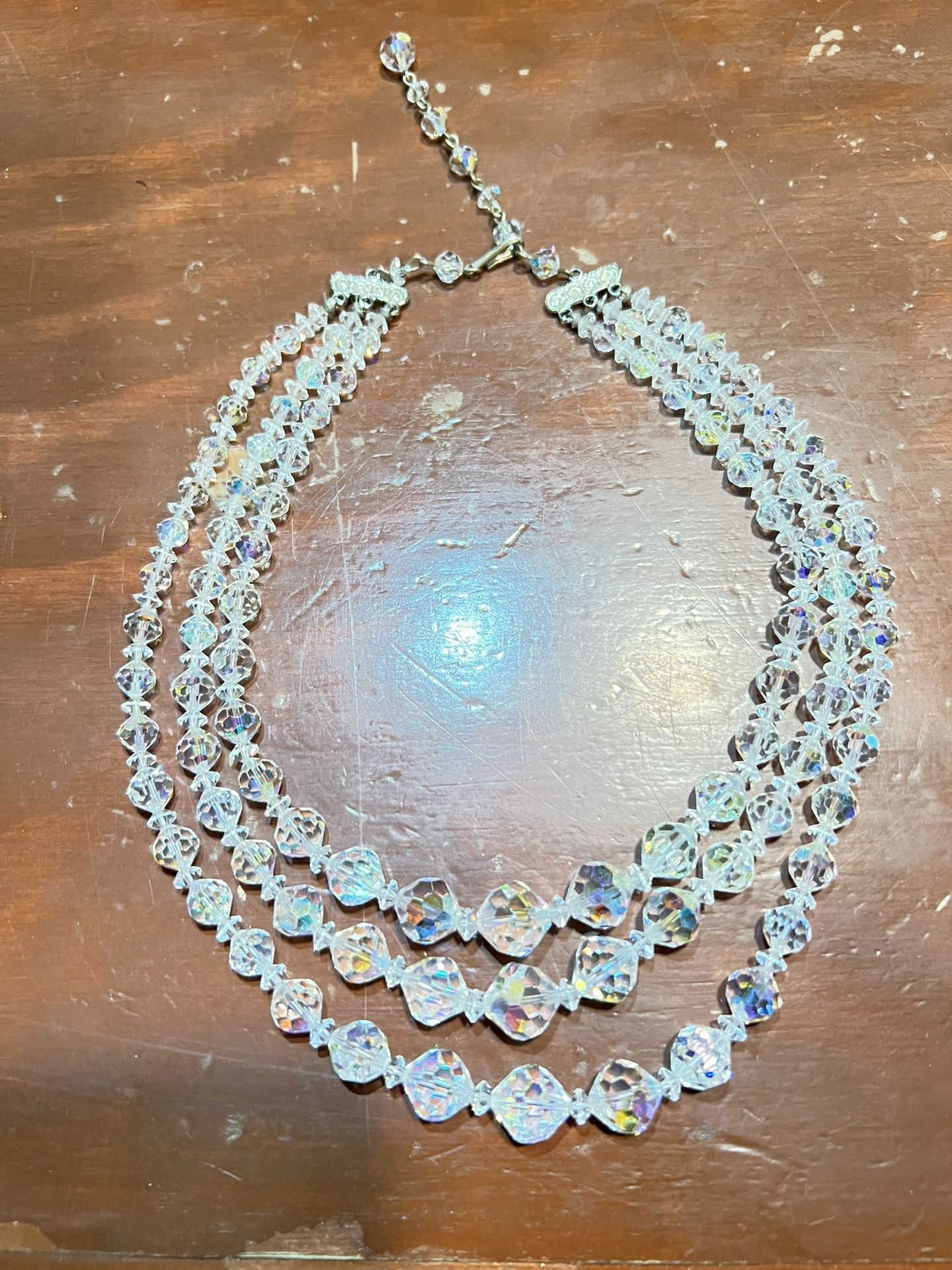 Vintage Crystal Aurora Borealis 3 Strand Necklace Choker Gift Idea