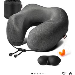 MLVOC Travel Pillow 100% Pure Memory Foam Neck Pillow, Comfortable & Breathable Cover, Machine Washable, Airplane Travel Kit with 3D Contoured Eye Mas