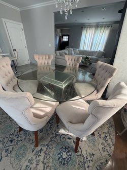 Round Glass Dining Table Set/ 6 Beige/Gray chairs