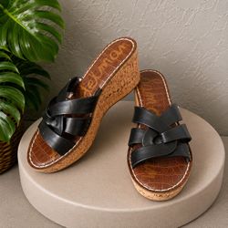 Sam Edelman Raynere Leather Cork Wedge Platform Slide Sandals Black Womens 6.5