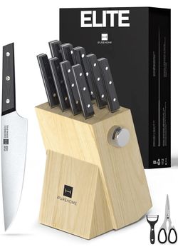 Kitchen Knife Set -Elite Series - 13 PCS X50CrMoV15 High Carbon German Steel Knife Block Set with Sharpener Wood Handle Knife Sets for Kitchen with Bl