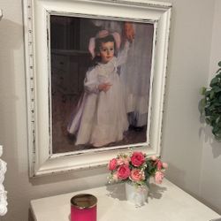 Large Romantic Farmhouse Picture/ White Frame/ Girl In Pink Hat