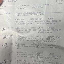 2020 Honda Accord Full Front Bumper Parts