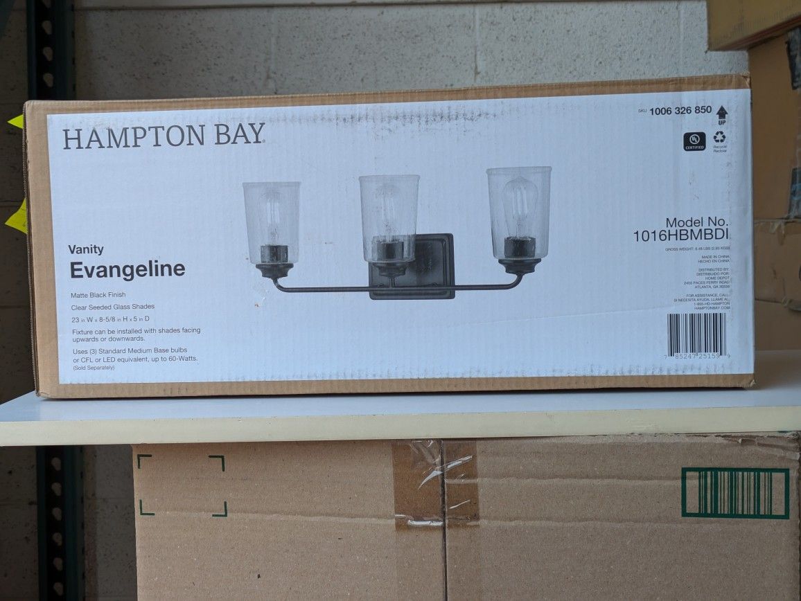 Hampton Bay
Evangeline 23 in. 3-Light Matte Black Farmhouse Bathroom Vanity Light with Clear Seeded Glass Shades