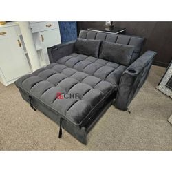 Black / White  / Gray Velvet Loveseat Pull Out Sofa Bed With Cup Holders 
