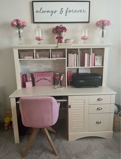 Cream Colored Wood Desk with Hutch and Drawers