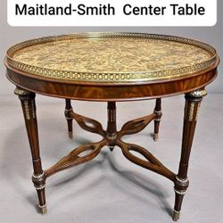 Vintage Maitland-Smith Center Table w. Marble Top/ Brass Gallery | 40″ Diameter