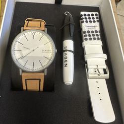 New Men’s Skagen 50mm  Brown And White Leather Strap Watch