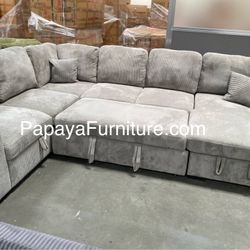 New 120” Gray Corduroy Large Sectional Sofa Couch, Sectional, Sofa, Couch, Plush Sofa Bed, Sleeper Sofa, Sofabed, Pull-out Sofa Bed Couch,Large Couch