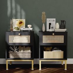 Set Of 2, Rattan End Table/ Nightstand with Drawer, Farmhouse Boho Bed Side Table