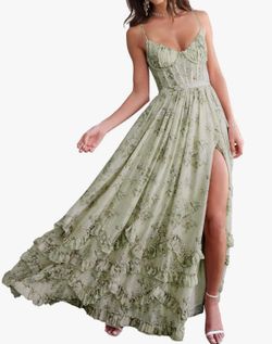 Floral Print Prom Dresses for Women Ruffle Chiffon Evening Dress Tiered Long Formal Gowns with Slit