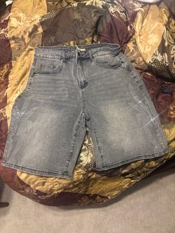 Gray Denim Shorts with Rhinestone Detail