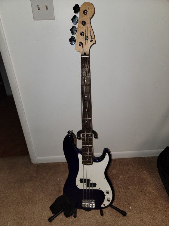 Blue And White Squier P-Bass 4 String 