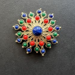 Vintage 1970 Sarah Coventry CARNIVAL Brooch, Gold Tone, Red, Green and Blue.