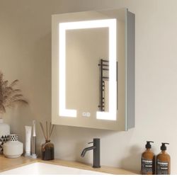 LED Bathroom Wall Medicine Cabinet Mirror 20"×28" Lighted Mirror with Storage Recessed or Surface Dimmable 3 Colors Temperature Anti-Fog Adjustable Sh