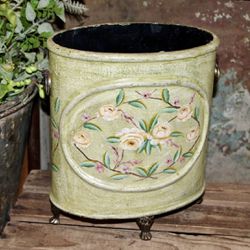 Shabby VTG French Country Cottage Green Floral Footed Wood Decor Box or Planter Vase