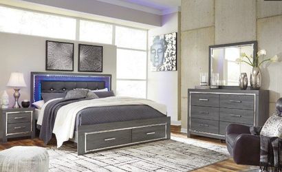 Hollywood Style Gray Finish Queen Bedroom set w/LED Light & Storage