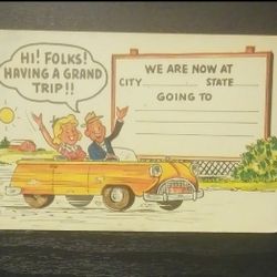Hi Folks Having A Grand Trip Cartoon Couple 1950's Plastichrome Vintage Collectible Postcard Post Card PC