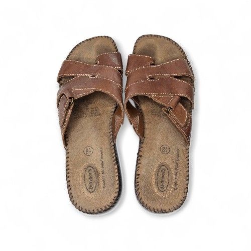 Dr. Scholl’s Tan Brown Leather Slide Sandals Women’s Size 8.5 Double Air-Pillo Insoles