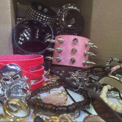 100 Pcs Of Random Gothic Jewelry Box Lot - BRAND NEW-  Faux Leather Bracelets , Necklaces , Rings, Keychains , Earrings , Punk Grunge Emo Boho Tribal 