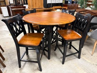 Dark Rustic Counter Table w/ Wine Rack & 4 Distressed Crossback Chairs