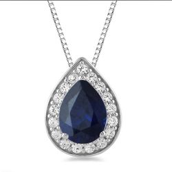  Jewelili Sterling Silver With Created Blue Sapphire Necklace