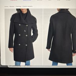 DKNY Double Breasted Wool Blend Military Coat - Medium Black 